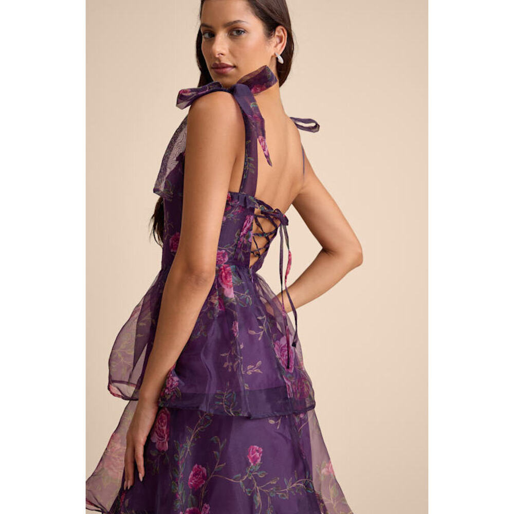 Lulus Fairytale Cutie Purple Floral Tie-strap Tiered Midi Dress - Size M